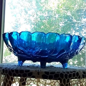 Vintage Indiana glass footed blue harvest grape fruit bowl compote